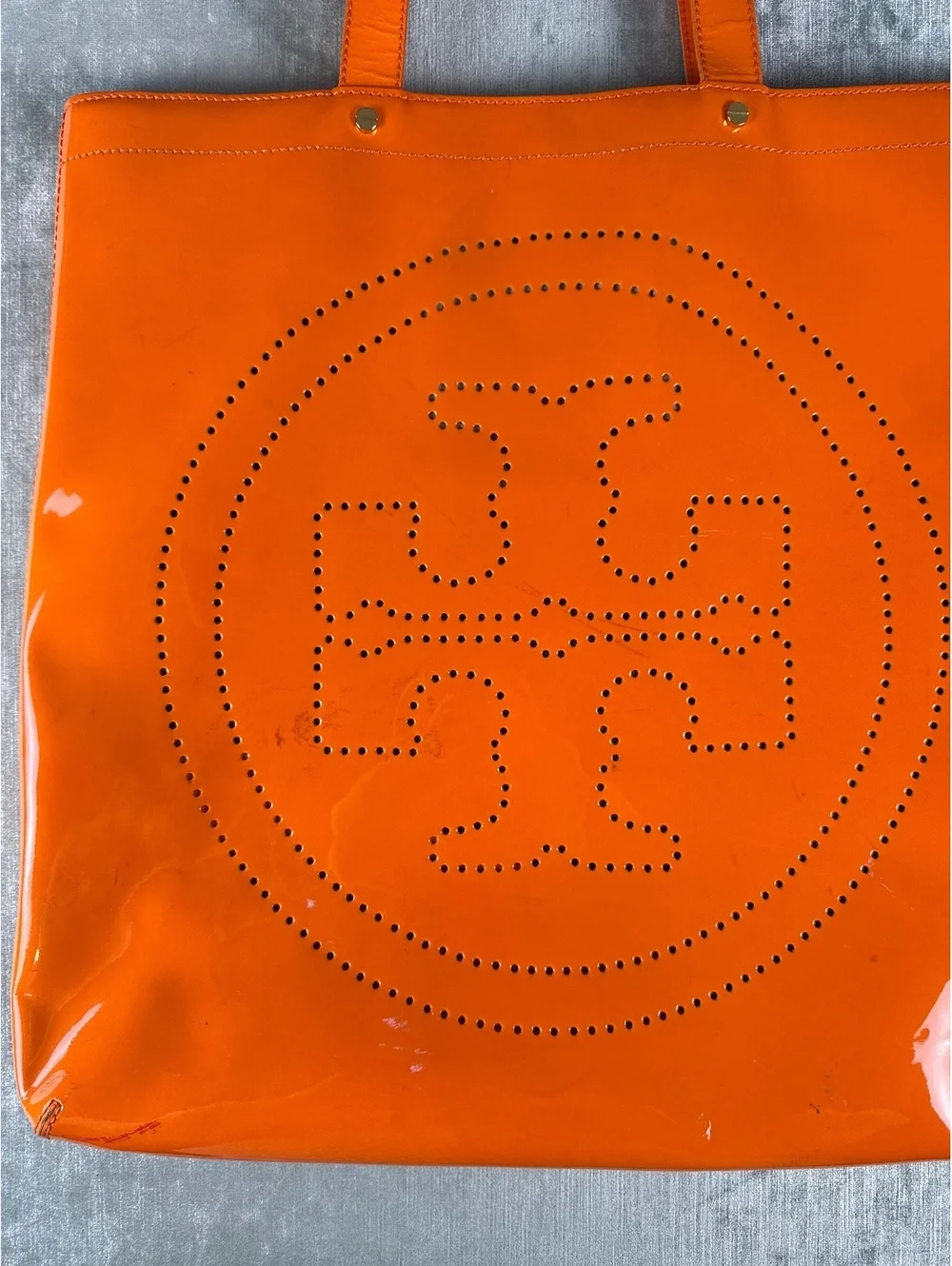 Tory Burch Orange Patent Leather Perforated Logo Tote